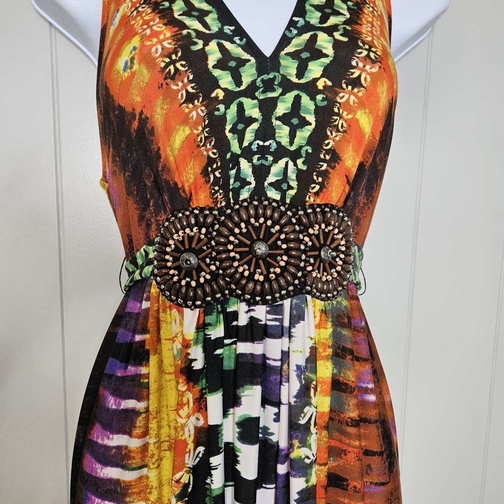 Roz & Ali Size 10 Long Dress Multicolor Ties In Back Beading At Waist Line - Picture 3 of 6